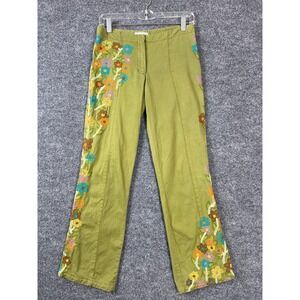 Green Hippie Pants Tamara Catz Floral Embroidered Straight Leg‎ Boho Sz 0